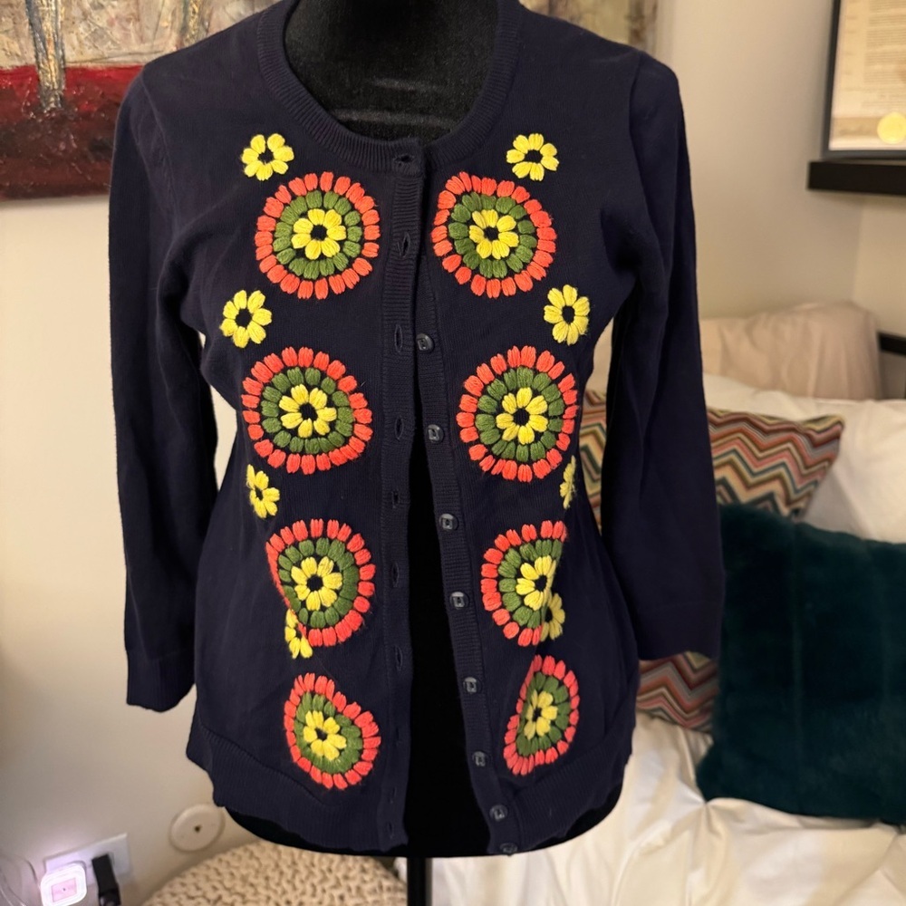 Anthropologie Tabitha Embroidered Cardigan Navy Floral Crochet Sweater Soleil M